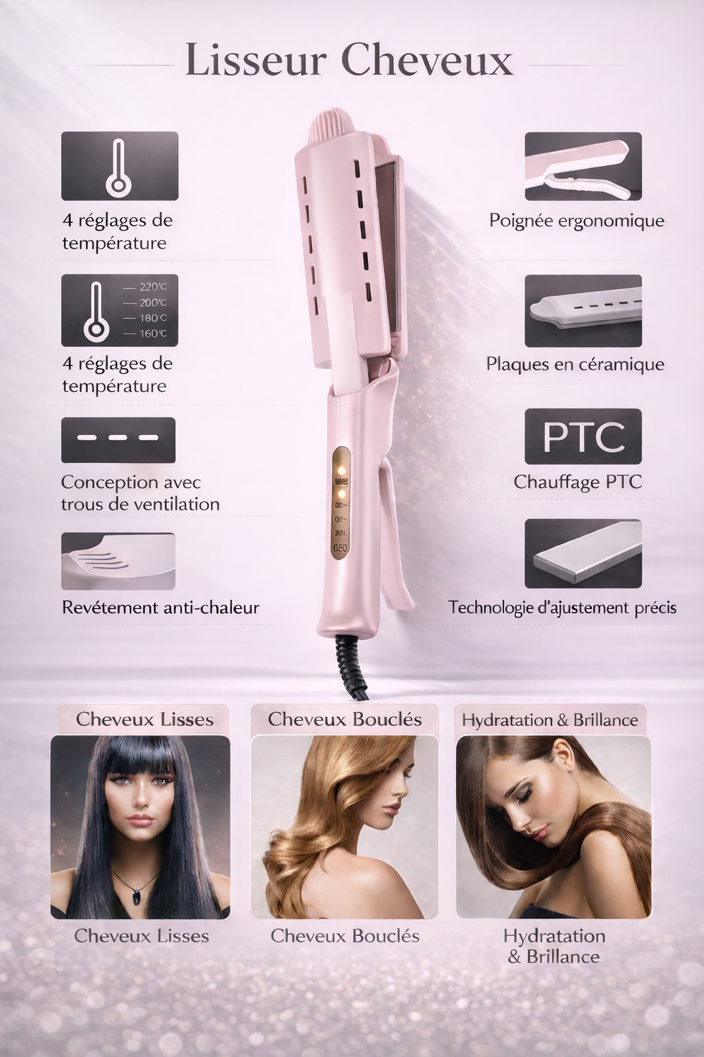 Lisseur Céramique Ionique Tourmaline – Cheveux Lisses & Brillants en Quelques Minutes