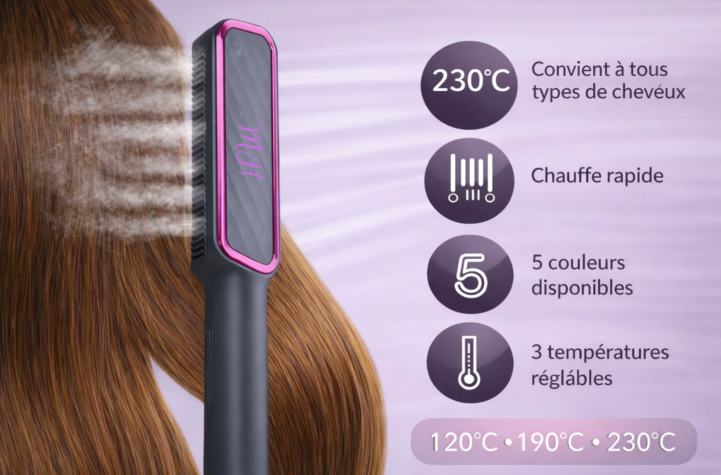 Brosse Chauffante Lissante à Ions Négatifs LED