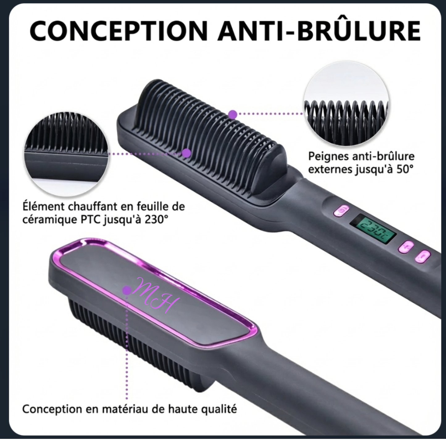 Brosse Chauffante Lissante à Ions Négatifs LED